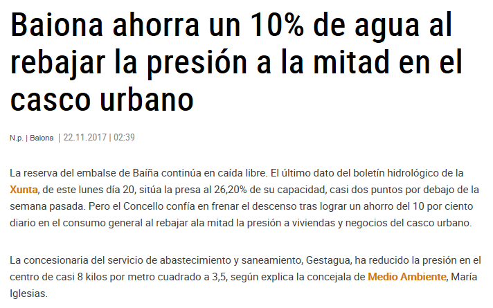 Baiona ahorra un 10% de agua al rebajar la presión a la mitad en el casco urbano